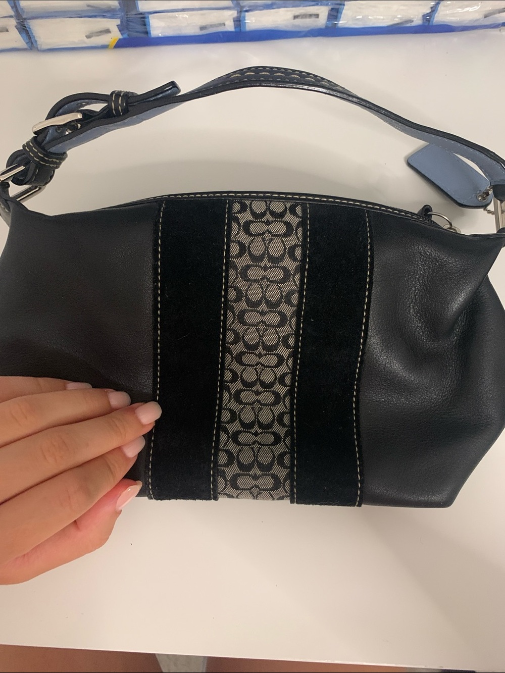 Coach Black Leather Clutch with Signature Jacquard Stripe